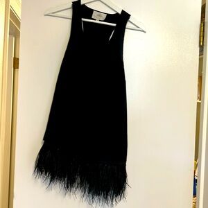 Madison Marcus silk tank with ostrich feather trim at the hem. Black. Small